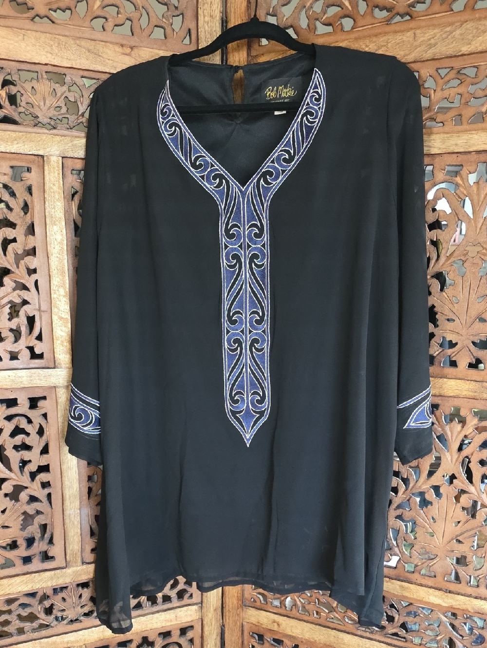 Bob Mackie Black Tunic Blouse with Gold Logo Detail